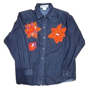 Great Cavalier Embroidered/Patchworked Sequined Poinsettia Denim Shirt XL
